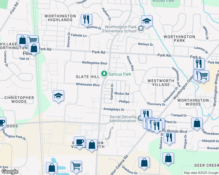 map of restaurants, bars, coffee shops, grocery stores, and more near 7742 Garrison Drive in Columbus