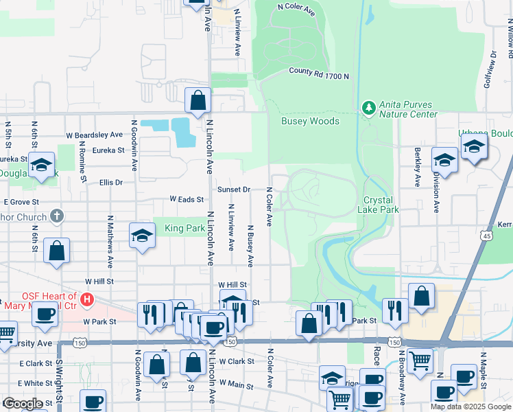 map of restaurants, bars, coffee shops, grocery stores, and more near 1210 North Busey Avenue in Urbana
