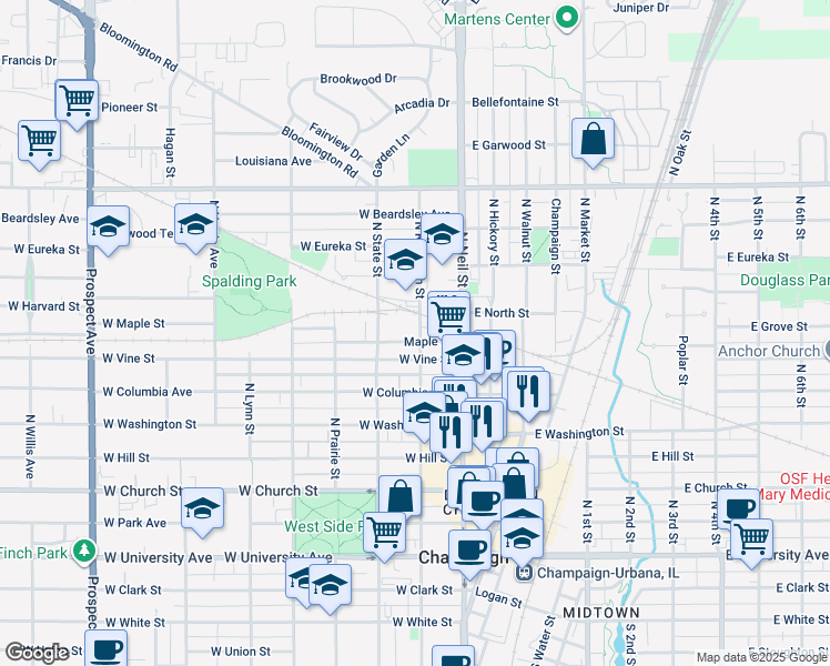 map of restaurants, bars, coffee shops, grocery stores, and more near 806 North Randolph Street in Champaign