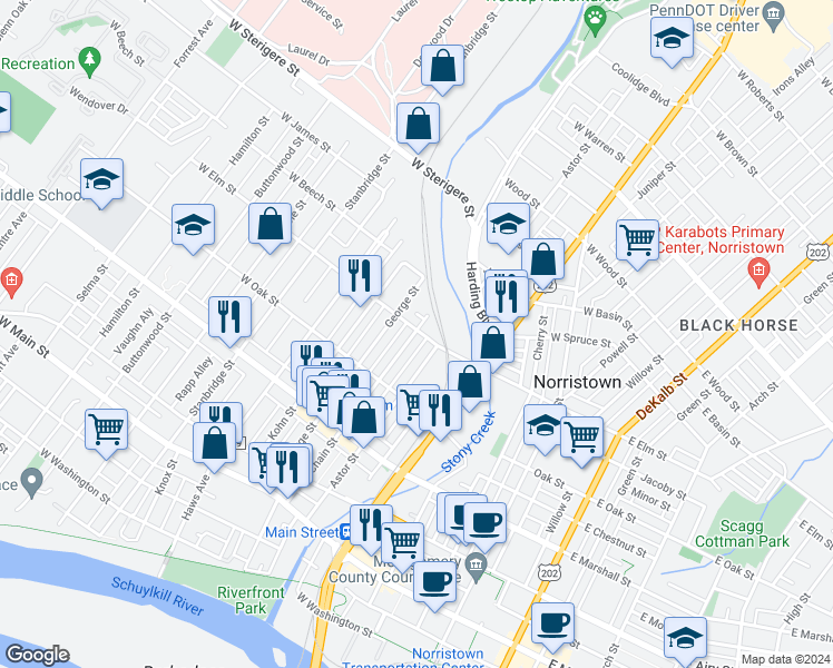 map of restaurants, bars, coffee shops, grocery stores, and more near 768 Chain Street in Norristown