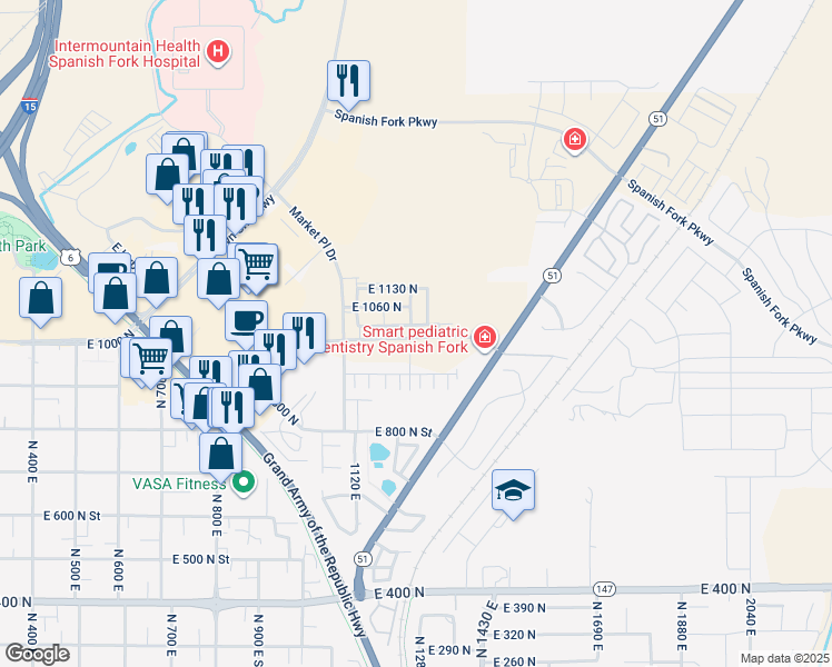 map of restaurants, bars, coffee shops, grocery stores, and more near 1273 Expressway Lane in Spanish Fork