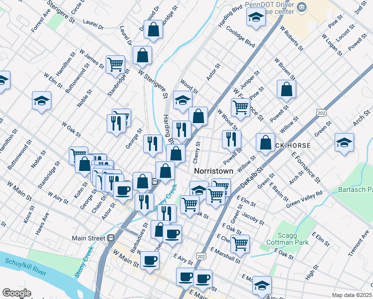 map of restaurants, bars, coffee shops, grocery stores, and more near 1129 Markley Street in Norristown