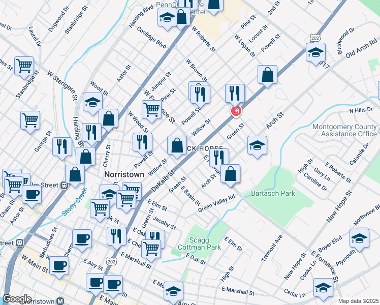 map of restaurants, bars, coffee shops, grocery stores, and more near 1337 DeKalb Street in Norristown