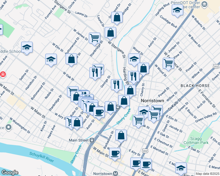 map of restaurants, bars, coffee shops, grocery stores, and more near 770 Chain Street in Norristown