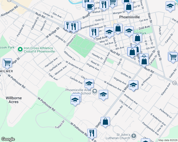 map of restaurants, bars, coffee shops, grocery stores, and more near 418 Virginia Avenue in Phoenixville