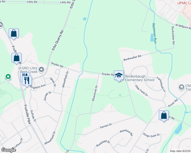 map of restaurants, bars, coffee shops, grocery stores, and more near 1001 Bluestone Drive in Lititz