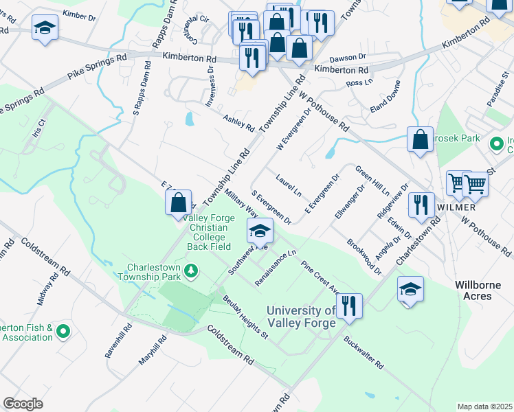 map of restaurants, bars, coffee shops, grocery stores, and more near 1234 South Evergreen Drive in Phoenixville