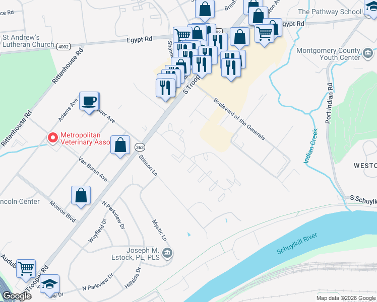 map of restaurants, bars, coffee shops, grocery stores, and more near 178 William Penn Drive in Eagleville