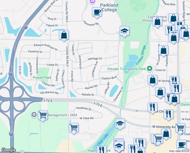 map of restaurants, bars, coffee shops, grocery stores, and more near 609 Compton Avenue in Champaign