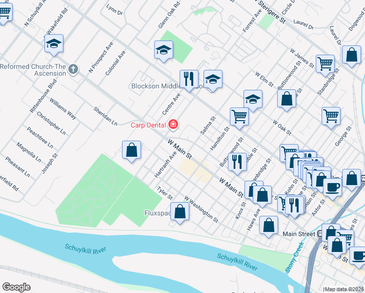 map of restaurants, bars, coffee shops, grocery stores, and more near 1305 West Main Street in Norristown