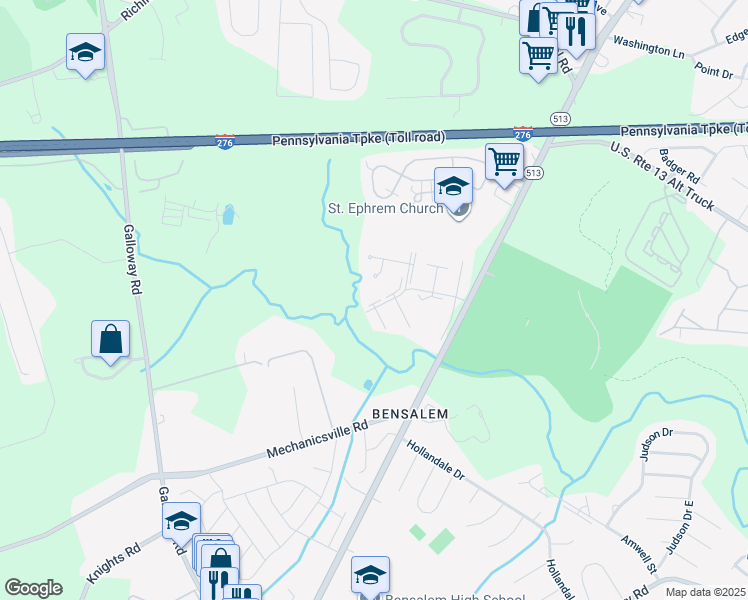 map of restaurants, bars, coffee shops, grocery stores, and more near 2320 Gundy Court in Bensalem