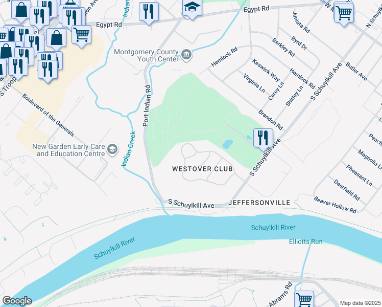map of restaurants, bars, coffee shops, grocery stores, and more near 509 Waller Way in Norristown