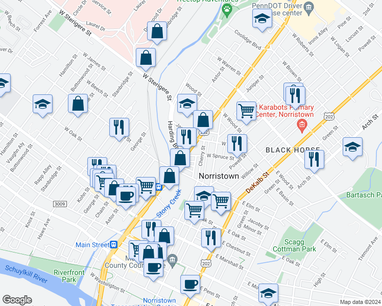 map of restaurants, bars, coffee shops, grocery stores, and more near 231 West Spruce Street in Norristown