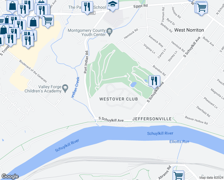 map of restaurants, bars, coffee shops, grocery stores, and more near 509 Waller Way in Norristown