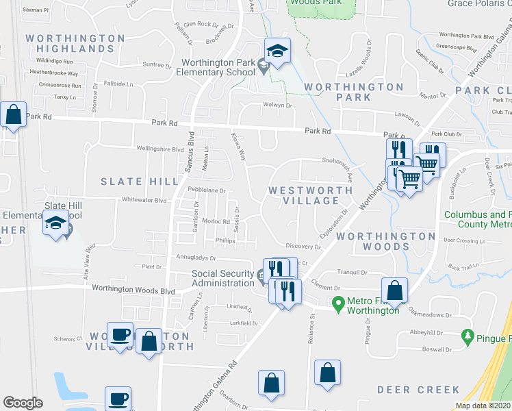 map of restaurants, bars, coffee shops, grocery stores, and more near 987 Discovery Drive in Columbus