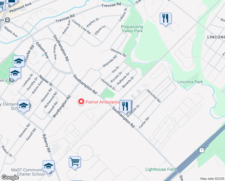 map of restaurants, bars, coffee shops, grocery stores, and more near 15102 Kallaste Drive in Philadelphia