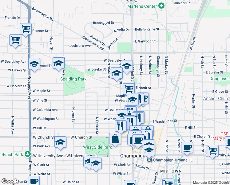 map of restaurants, bars, coffee shops, grocery stores, and more near 808 North State Street in Champaign