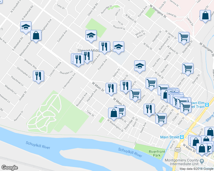 map of restaurants, bars, coffee shops, grocery stores, and more near 478 Selma Street in Norristown