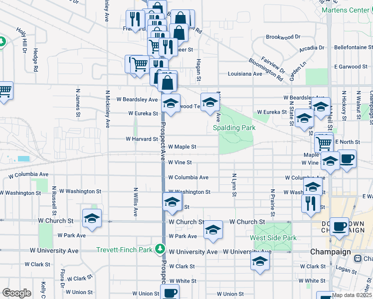 map of restaurants, bars, coffee shops, grocery stores, and more near 809 West Maple Street in Champaign