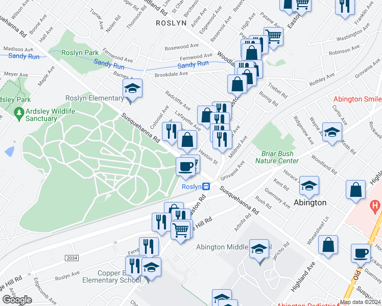 map of restaurants, bars, coffee shops, grocery stores, and more near 1114 Bradfield Road in Abington