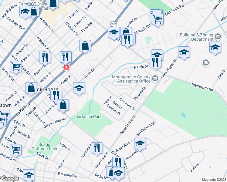 map of restaurants, bars, coffee shops, grocery stores, and more near 533 East Roberts Street in Norristown