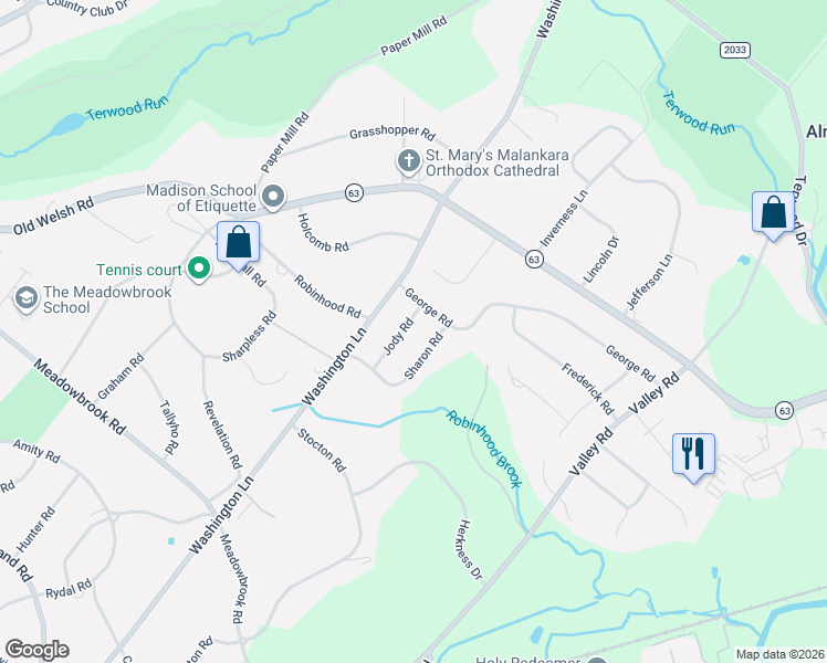 map of restaurants, bars, coffee shops, grocery stores, and more near 1912 Jody Road in Meadowbrook