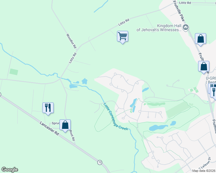 map of restaurants, bars, coffee shops, grocery stores, and more near 801 Stone House Lane in Lititz
