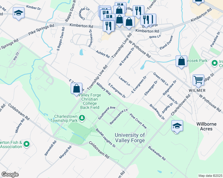 map of restaurants, bars, coffee shops, grocery stores, and more near 1234 South Evergreen Drive in Phoenixville