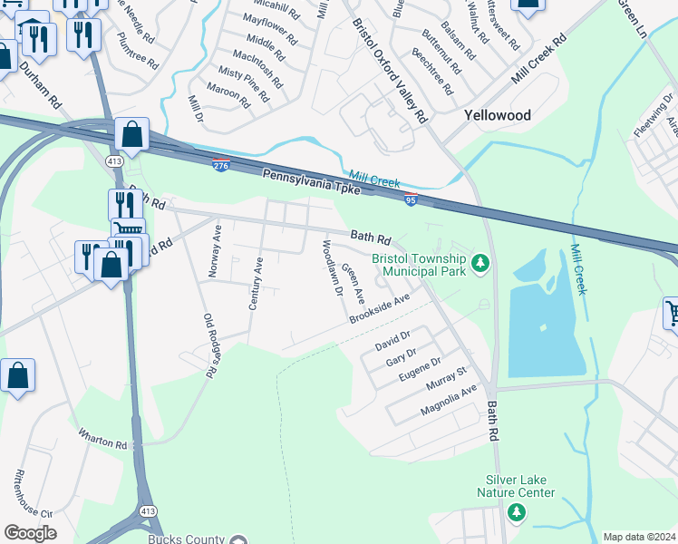 map of restaurants, bars, coffee shops, grocery stores, and more near 2518 Woodlawn Drive in Bristol