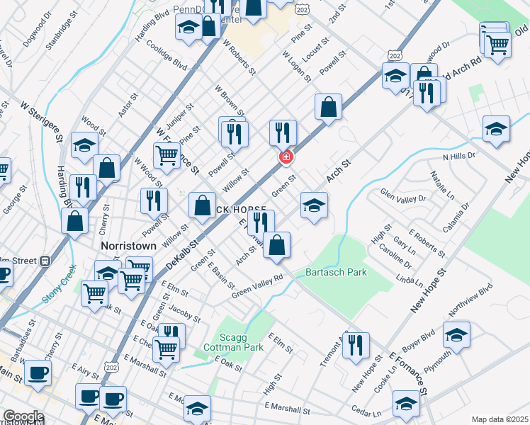 map of restaurants, bars, coffee shops, grocery stores, and more near 200 East Freedley Street in Norristown