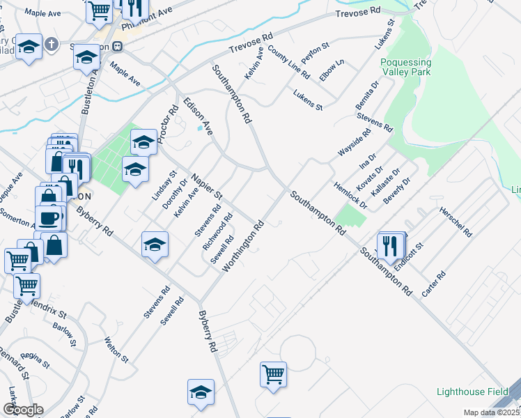 map of restaurants, bars, coffee shops, grocery stores, and more near 13430 Worthington Road in Philadelphia