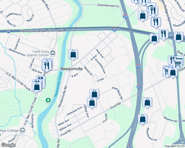 map of restaurants, bars, coffee shops, grocery stores, and more near 3812 Nichol Street in Levittown