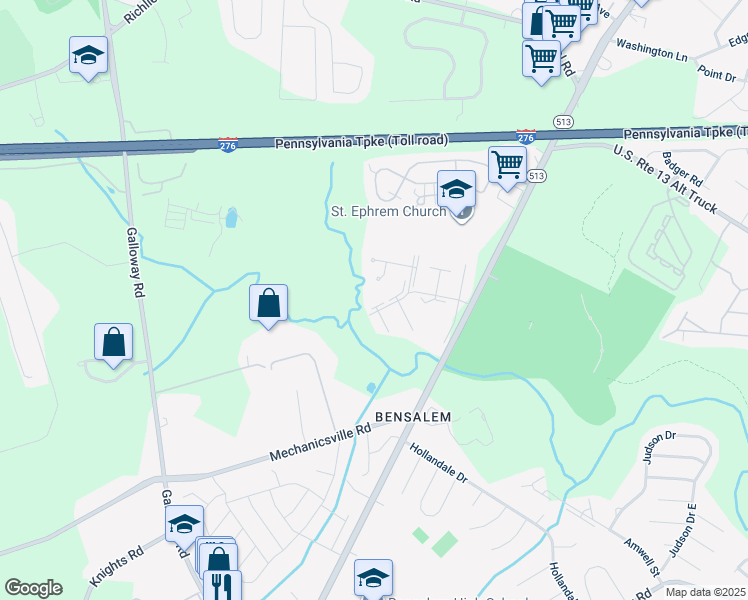 map of restaurants, bars, coffee shops, grocery stores, and more near 2320 Gundy Court in Bensalem