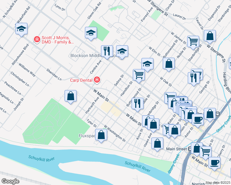 map of restaurants, bars, coffee shops, grocery stores, and more near 449 Hamilton Street in Norristown