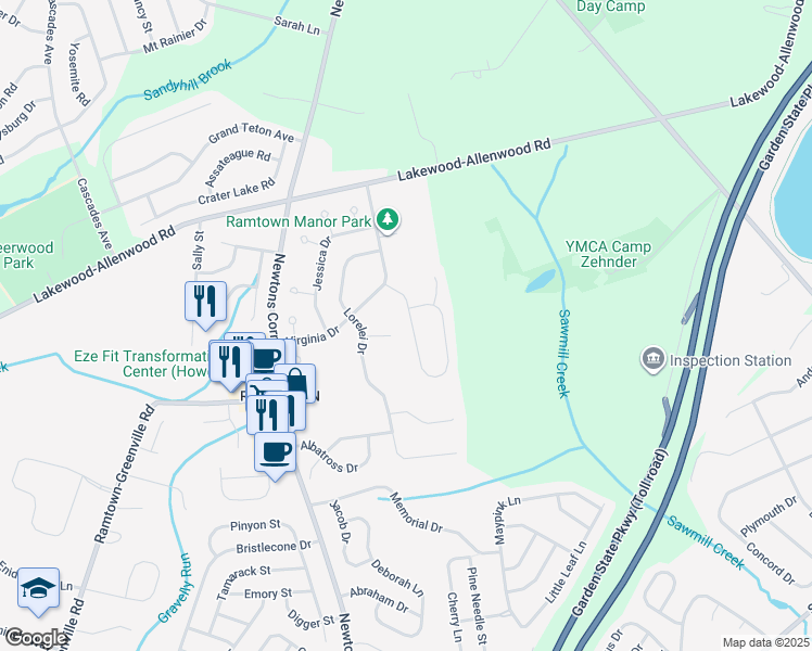 map of restaurants, bars, coffee shops, grocery stores, and more near 12 Gladiola Drive in Howell Township