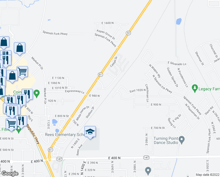 map of restaurants, bars, coffee shops, grocery stores, and more near 1638 East Ridgefield Road in Spanish Fork