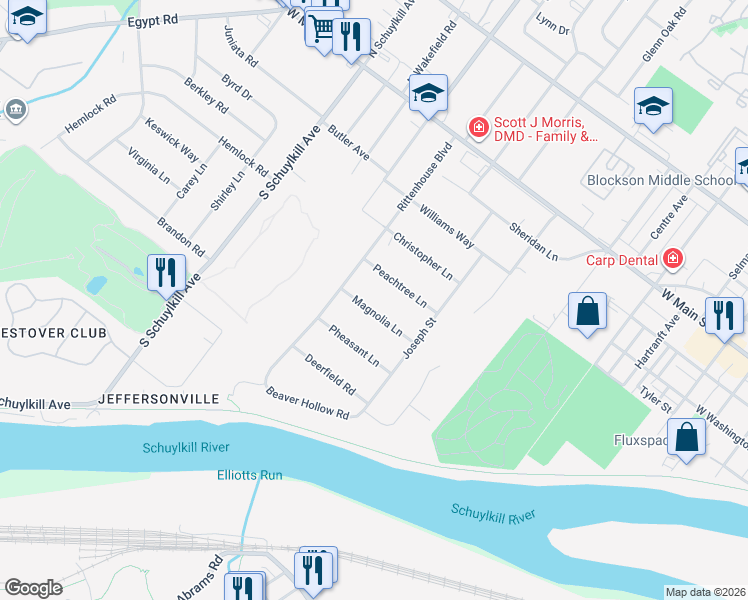map of restaurants, bars, coffee shops, grocery stores, and more near 1741 Magnolia Lane in Norristown