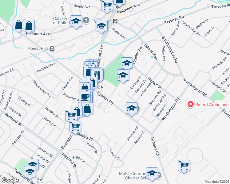 map of restaurants, bars, coffee shops, grocery stores, and more near 13039 Proctor Road in Philadelphia