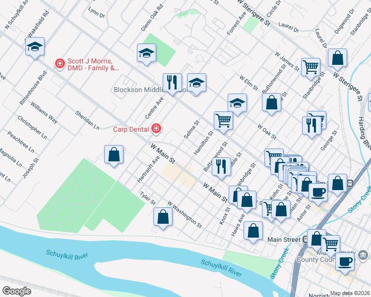 map of restaurants, bars, coffee shops, grocery stores, and more near 1217 Linwood Avenue in Norristown