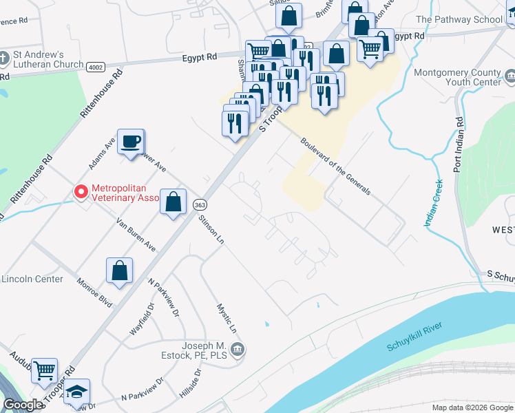 map of restaurants, bars, coffee shops, grocery stores, and more near 161 William Penn Drive in Eagleville