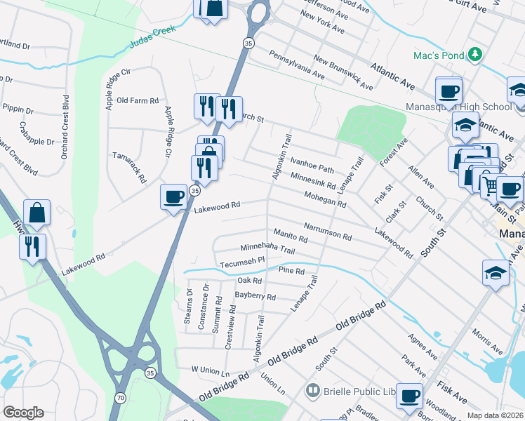 map of restaurants, bars, coffee shops, grocery stores, and more near 1205 Lakewood Road in Manasquan