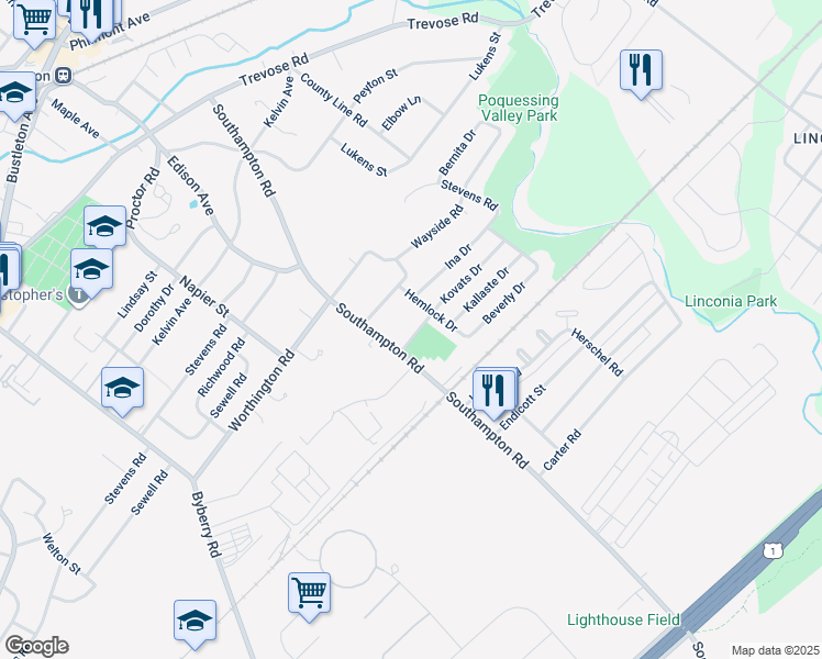 map of restaurants, bars, coffee shops, grocery stores, and more near 15012 Kovats Drive in Philadelphia