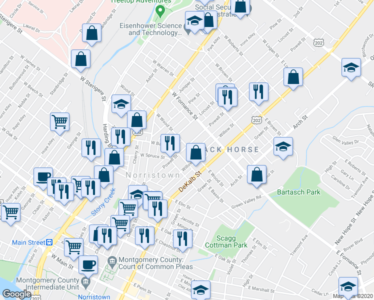 map of restaurants, bars, coffee shops, grocery stores, and more near 1222 Powell Street in Norristown