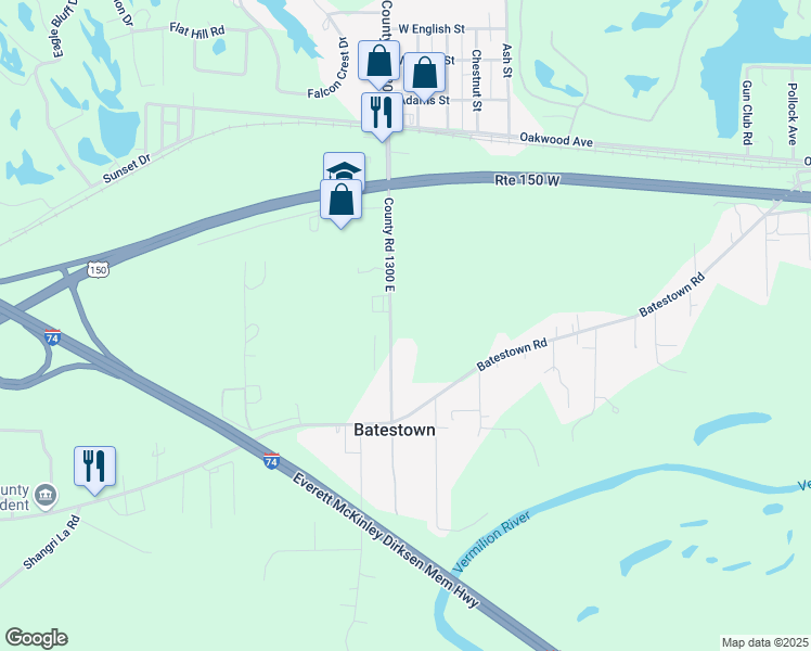 map of restaurants, bars, coffee shops, grocery stores, and more near 29-199 County Road 1300 E in Danville