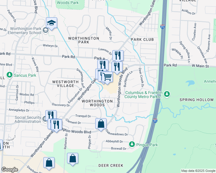 map of restaurants, bars, coffee shops, grocery stores, and more near 1448 Worthington Centre Drive in Columbus