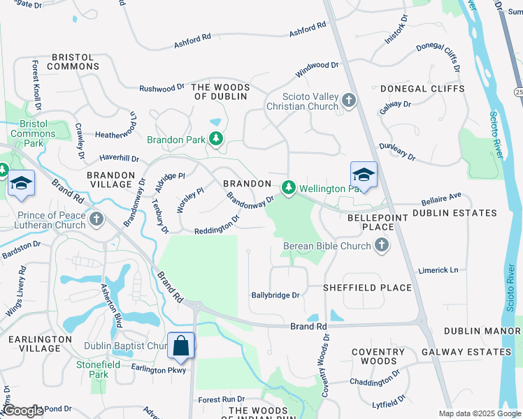 map of restaurants, bars, coffee shops, grocery stores, and more near 7815 Brandonway Drive in Dublin