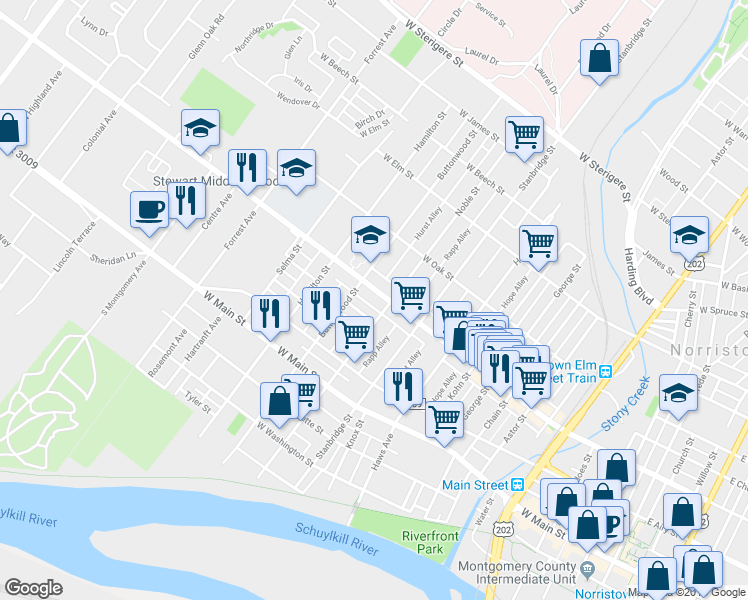 map of restaurants, bars, coffee shops, grocery stores, and more near 1014 West Marshall Street in Norristown