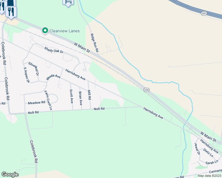 map of restaurants, bars, coffee shops, grocery stores, and more near 1627 Harrisburg Avenue in Mount Joy