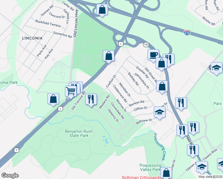 map of restaurants, bars, coffee shops, grocery stores, and more near 3803 Cedarcrest Road in Bensalem