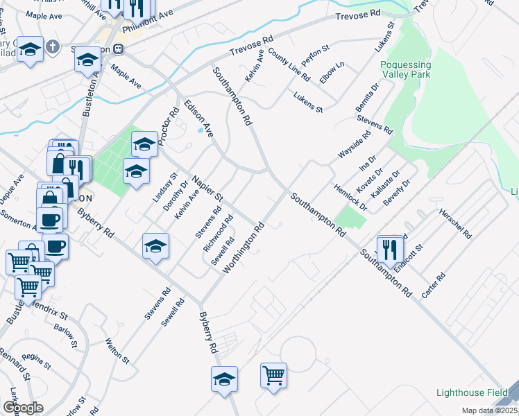 map of restaurants, bars, coffee shops, grocery stores, and more near 13430 Worthington Road in Philadelphia